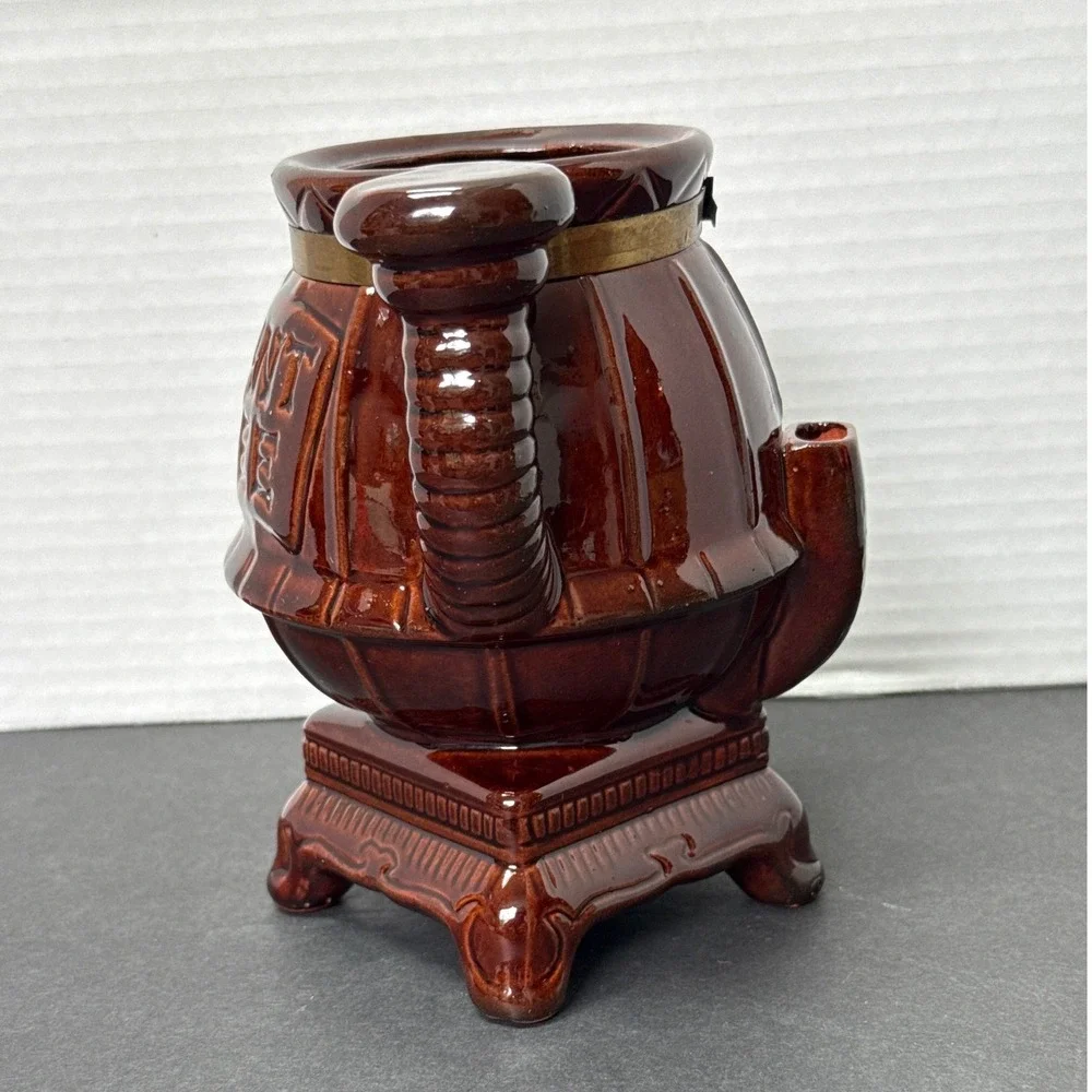 Vintage Pot Belly Stove Instant Coffee Jar Ceramic Brown Glaze Japan MCM
